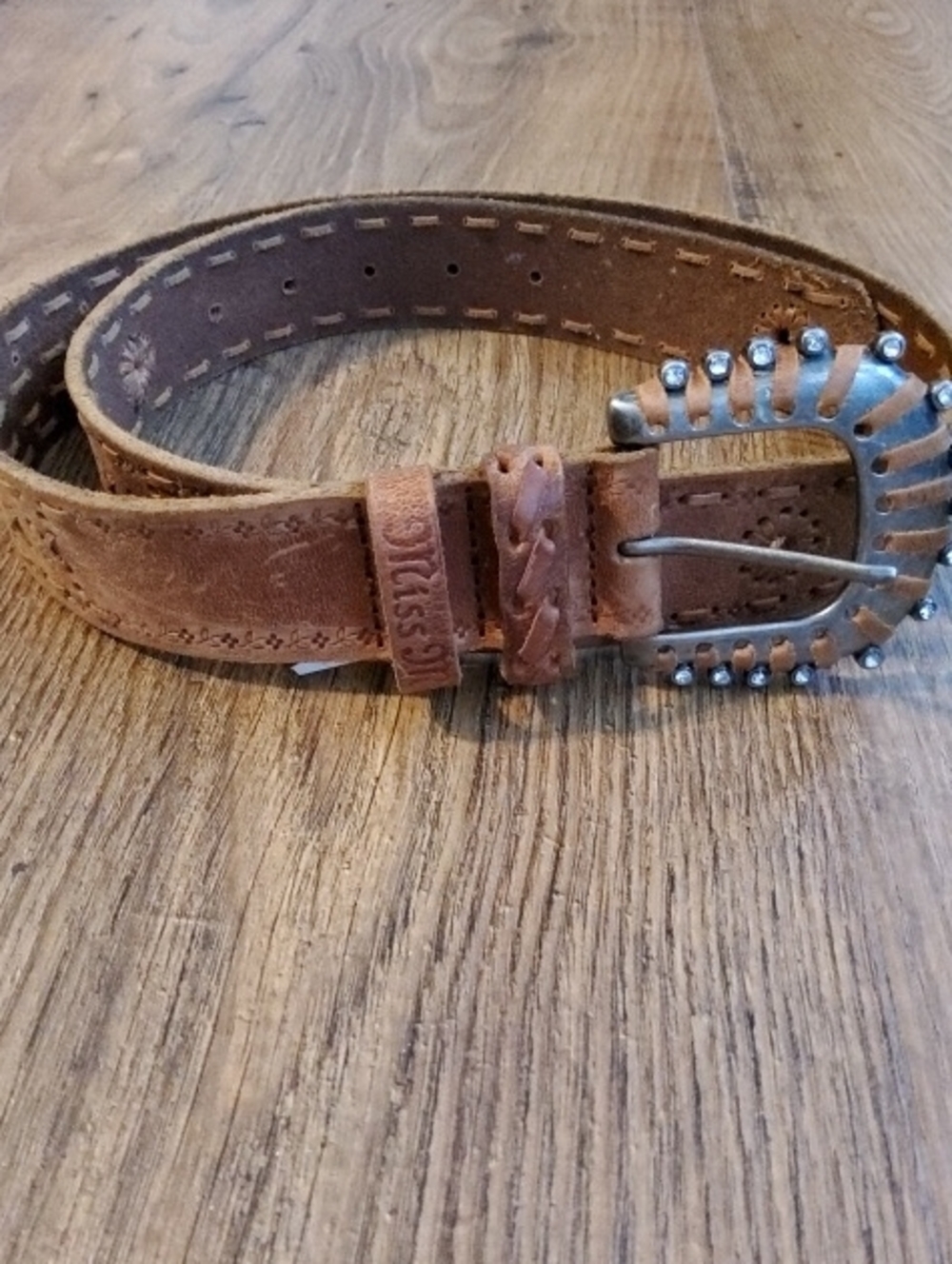 Vintage Miss Me Tan Brown Leather Belt Rhinestone Buckle Medium Ladies
